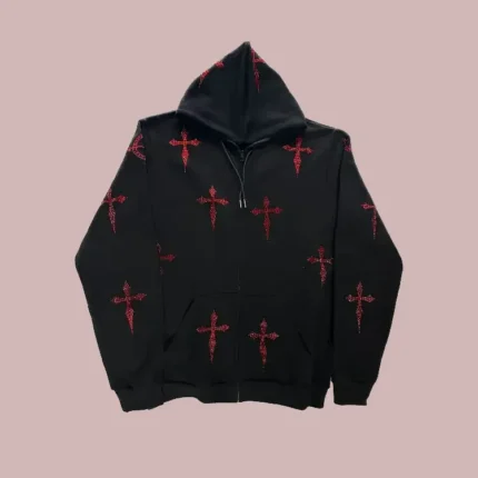 Red Rhinestone Daggers on OVERSIZED Black Zip Hoodie