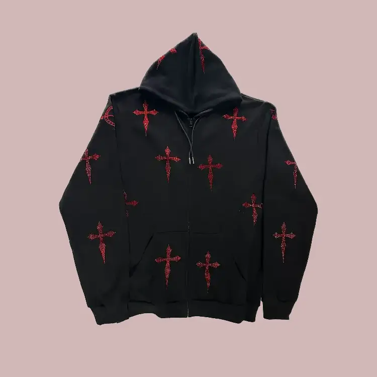 Red Rhinestone Daggers on OVERSIZED Black Zip Hoodie Red Rhinestone Daggers on OVERSIZED Black Zip Hoodie