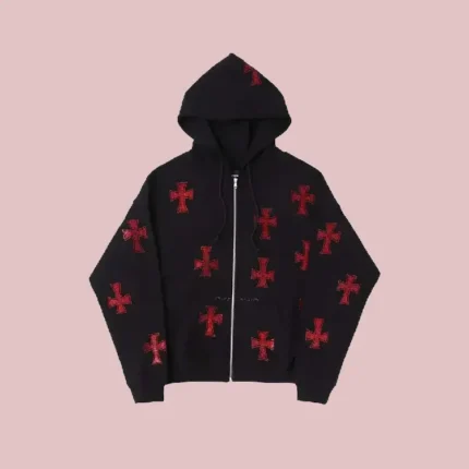 Unknown Black x Red Rhinestone Cross Zip Hoodie