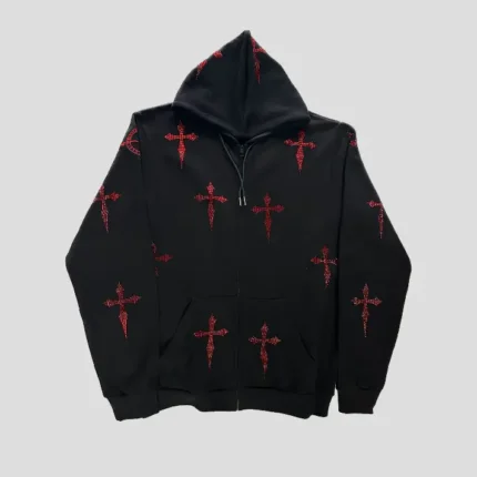 Red Rhinestone Daggers on OVERSIZED Black Zip Hoodie