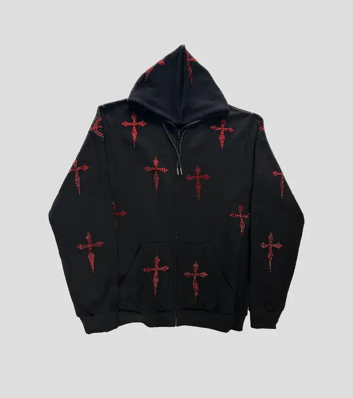 Red Rhinestone Daggers on OVERSIZED Black Zip Hoodie Red Rhinestone Daggers on OVERSIZED Black Zip Hoodie