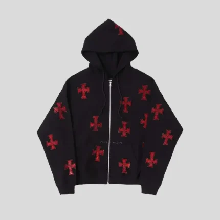 Unknown Black x Red Rhinestone Cross Zip Hoodie
