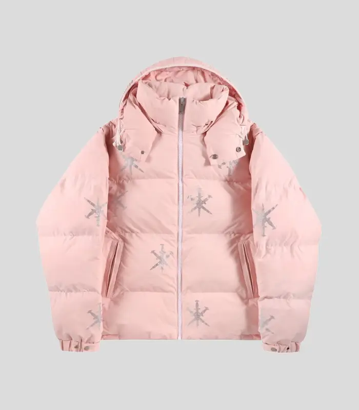 UNKNOWN LONDON】PINK ALL OVER SILVER DAGGER RHINESTONE PUFFER UNKNOWN LONDON】PINK ALL OVER SILVER DAGGER RHINESTONE PUFFER