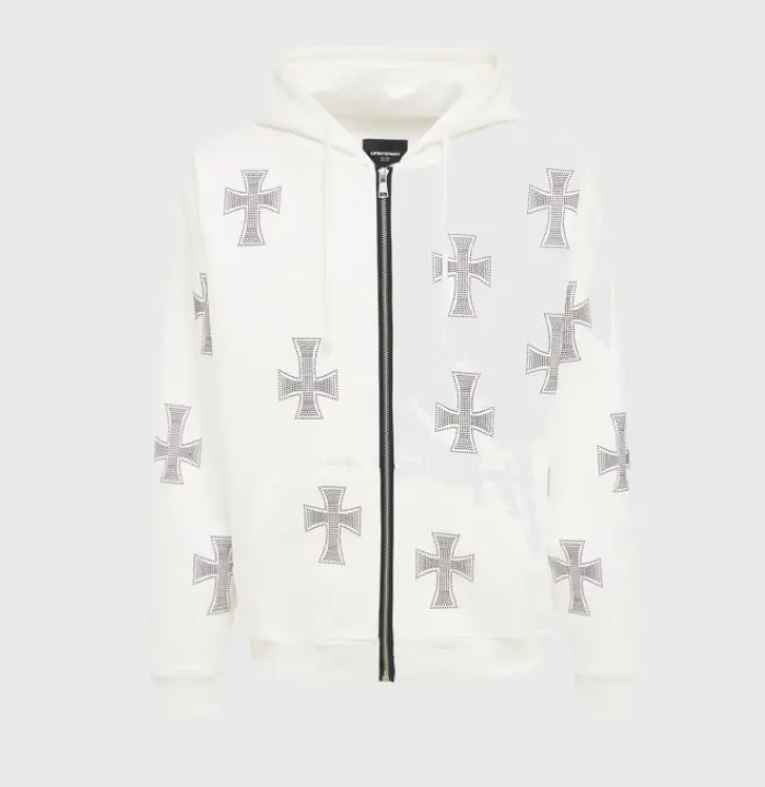 Unknown White Rhinestone Cross Cotton Hoodie